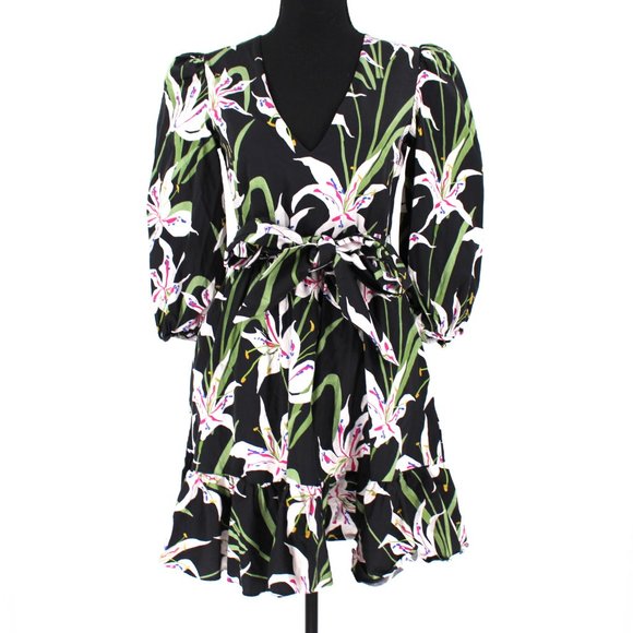 Borgo De Nor Anita Mini Dress Black Multicolor Lilly Print Ruffle Hem Belted 12 - Picture 2 of 9